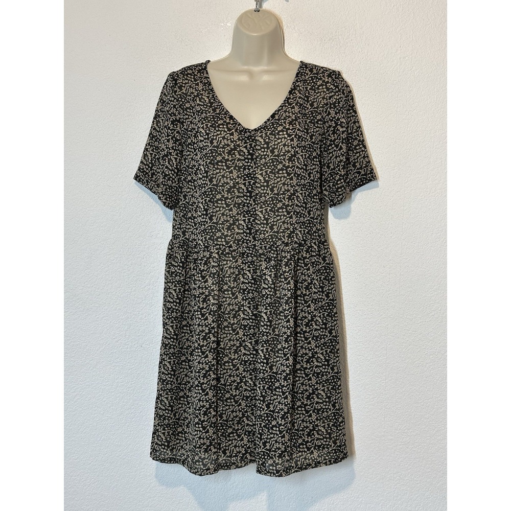 VTG Banana Republic Black Beige Rayon Dress Sz Small‎ Shift Semi Sheer Oversized